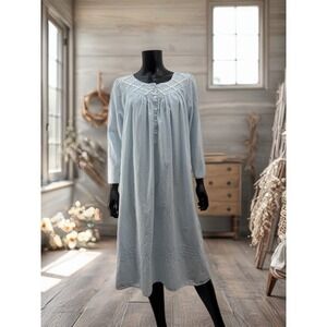 Eileen West‎ Blue Cotton Nightgown Long Sleeve Lace Trim Sleep Dress Small